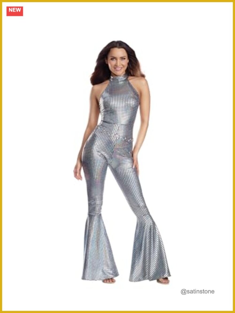 Foil Printed Mock Neck Jumpsuit Flared Pants Chain Belt Disco Costume